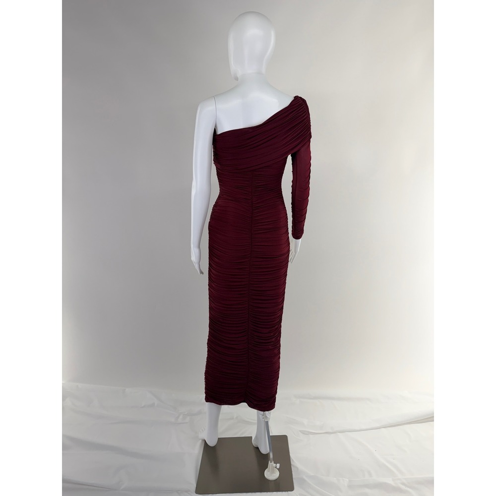Ronny Kobo Ruched One Shoulder Long Sleeve Midi Dress Burgundy Size S - Picture 4 of 10